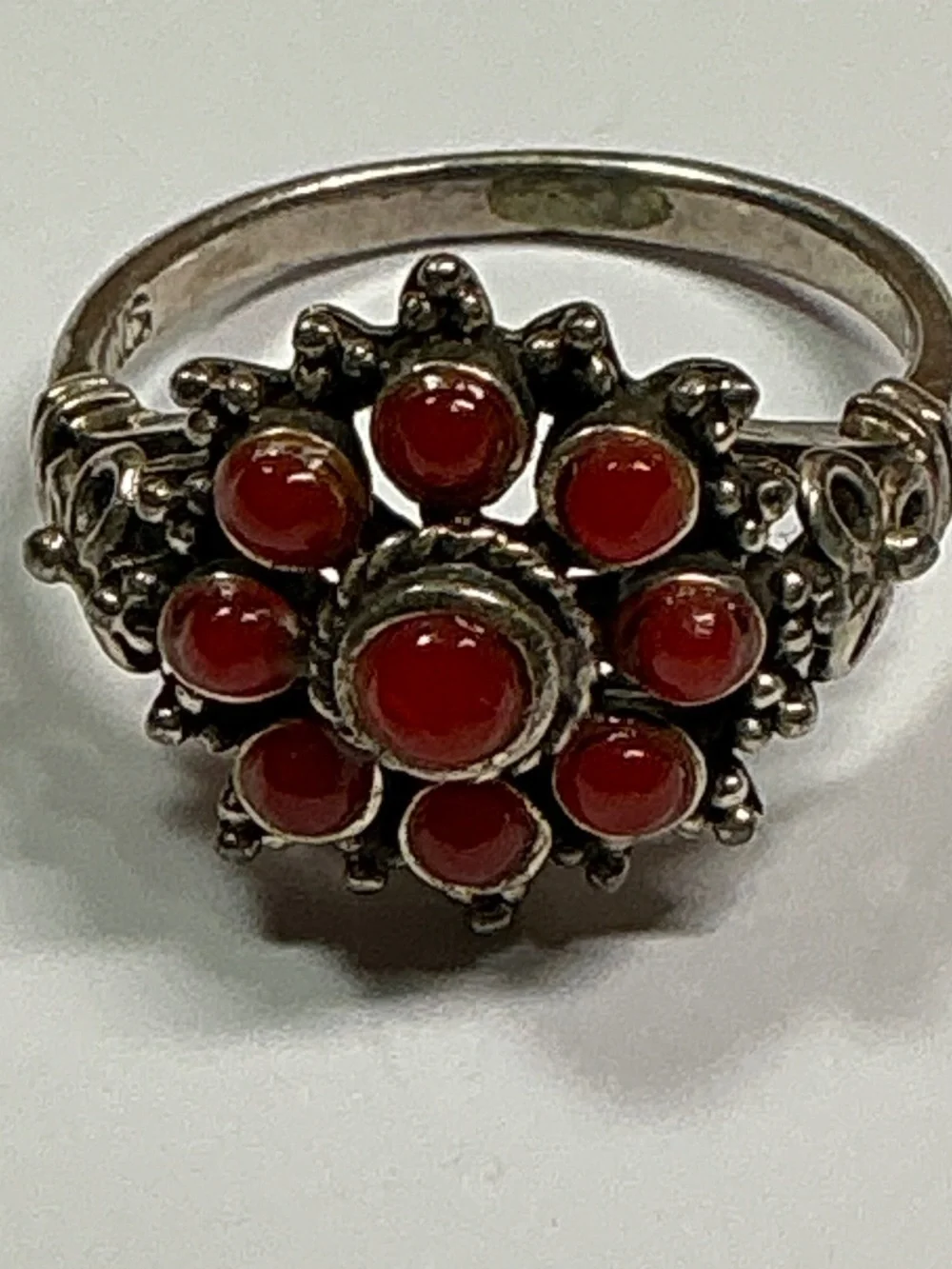Sterling Silver Red Coral Cluster Ring. Size 6.5